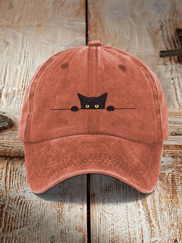 Japanese Art Black Cat Print Washed Hat