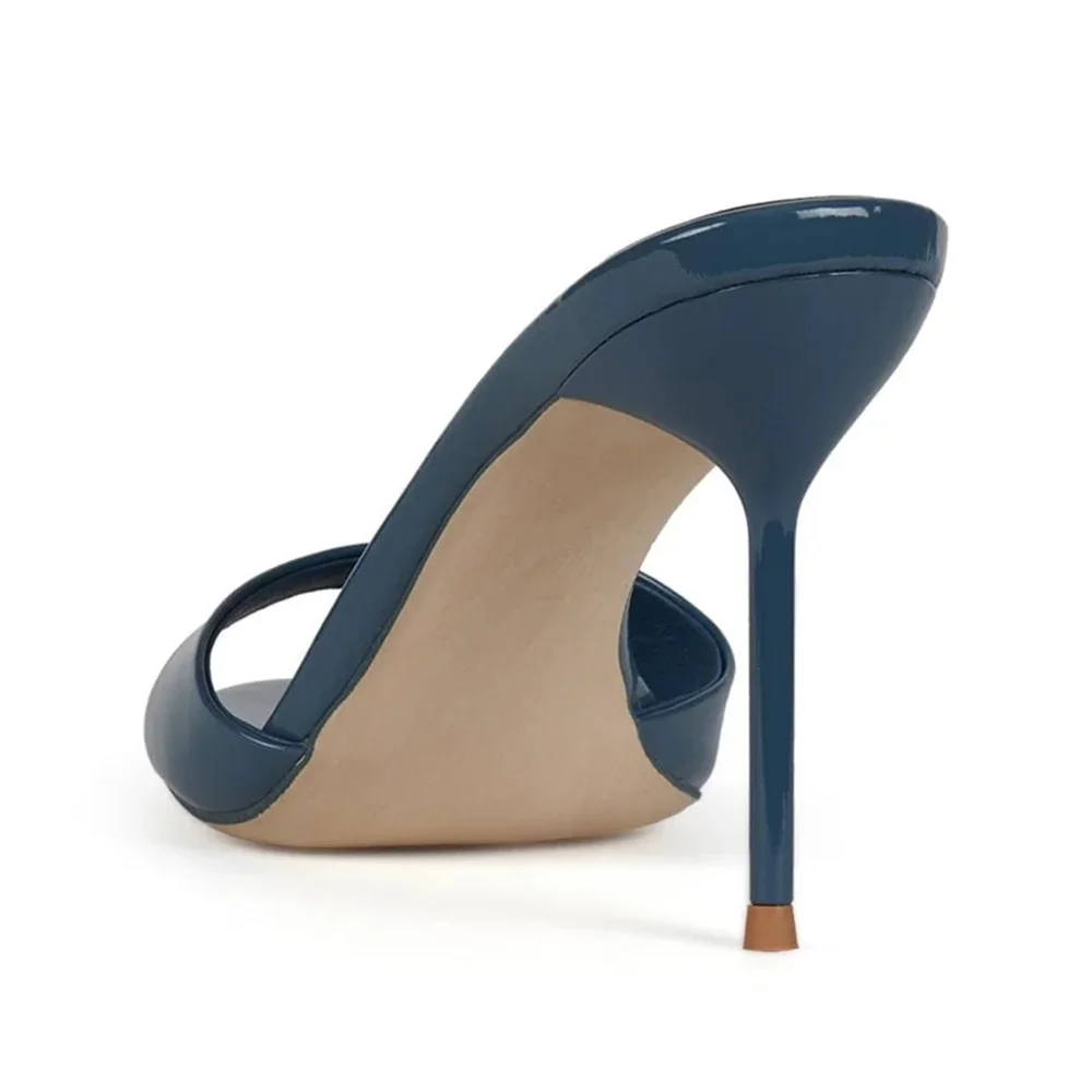 Women's Navy Round Toe Slip On Mules Shoes with Stiletto Heel