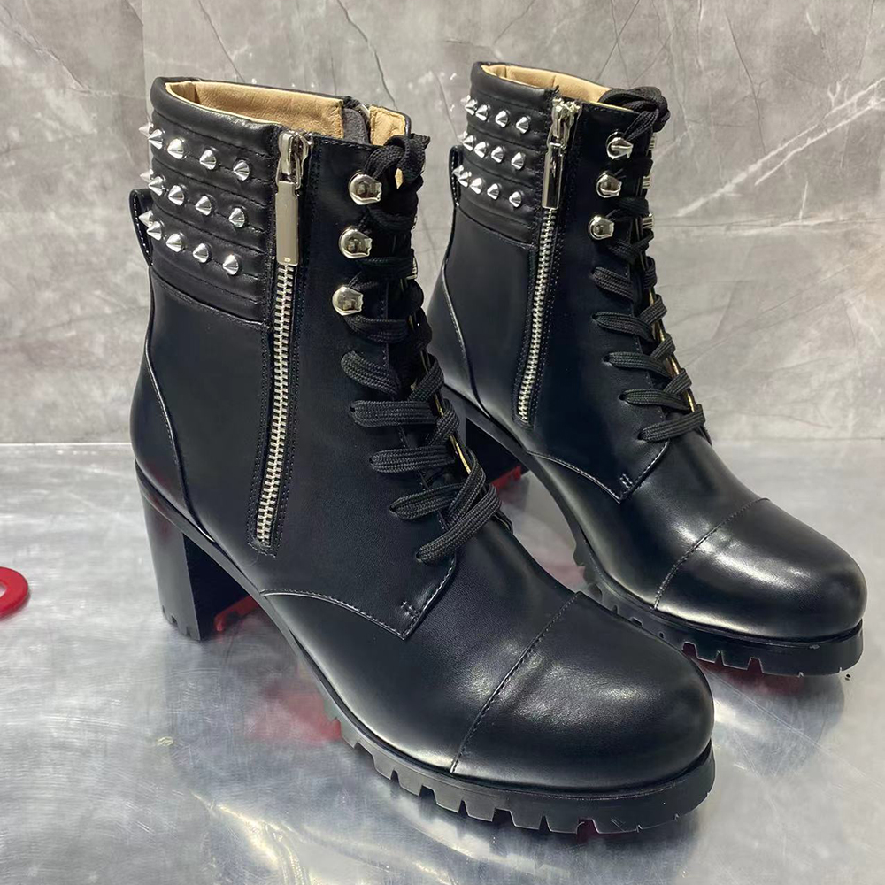 70mm/2.76 inch Women's Zipper Mid-Calf Boots Round Toe Rivet Chunky Heel Red Bottom Boots-vocosishoes