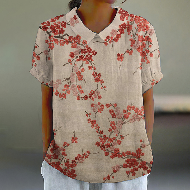 Comstylish Cherry Blossom Art Print Casual Cotton Linen Shirt