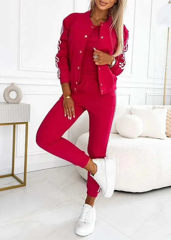 French Red O Neck Striped Cotton Sport Suit Pieces Set Fall
