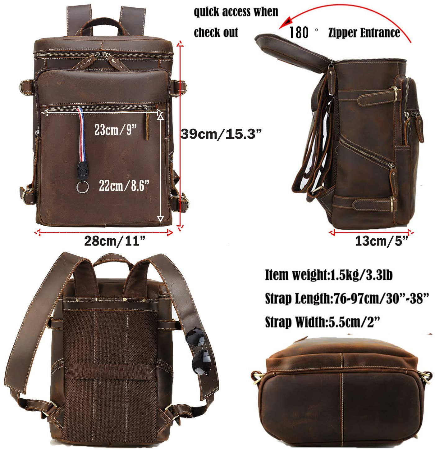 Vintage Genuine Leather Backpack for Men Fits 15.6 Inch Laptop Brown Travel Rucksack College School Book Bag Daypa