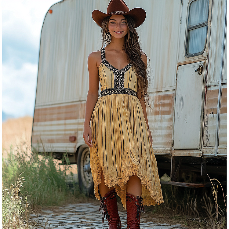 Western Cowgirl Vintage Suspender Floral Irregular Hem Dress