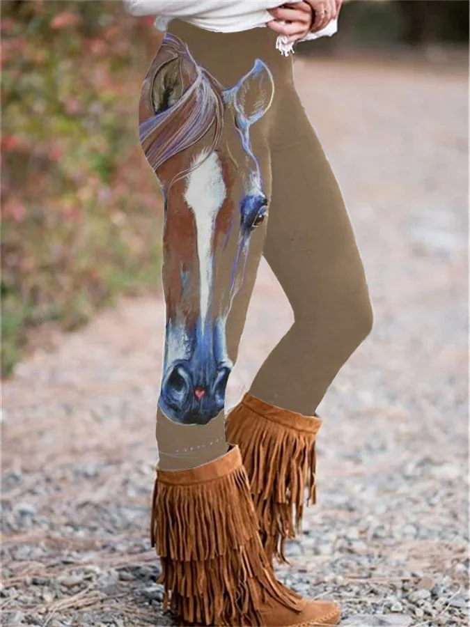 Western Retro Horse Print Casual Leggings