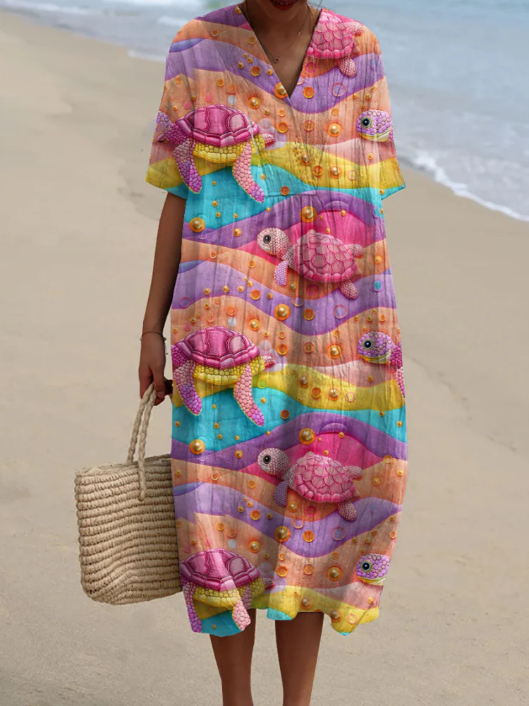 Womens Artistic Colorful Geometric Turtle Casual Cotton And Linen Dress