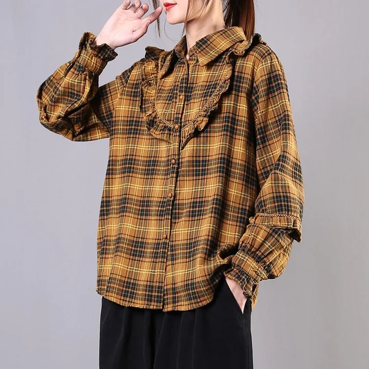 Classy lapel Ruffles cotton spring clothes Shape yellow plaid blouse