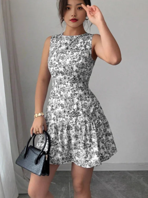 Nigikala Nigikala French Elegant Floral Print Sleeveless Bundle With Mini Dress