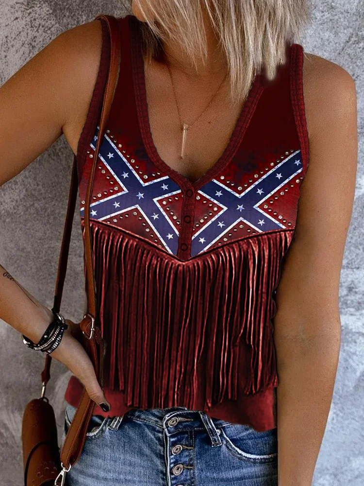 Comstylish Rebel Flag Inspired Studded Tassels Button Up Tank Top