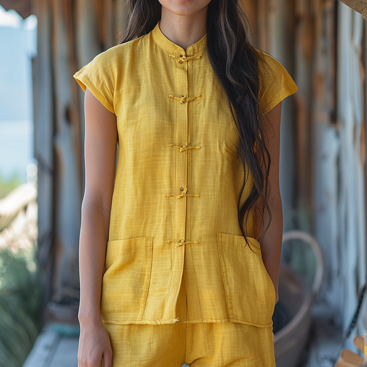 Retro Casual Linen Sleeveless Stand Collar Shirt T-shirt Chinese Style Sleeveless Shirt