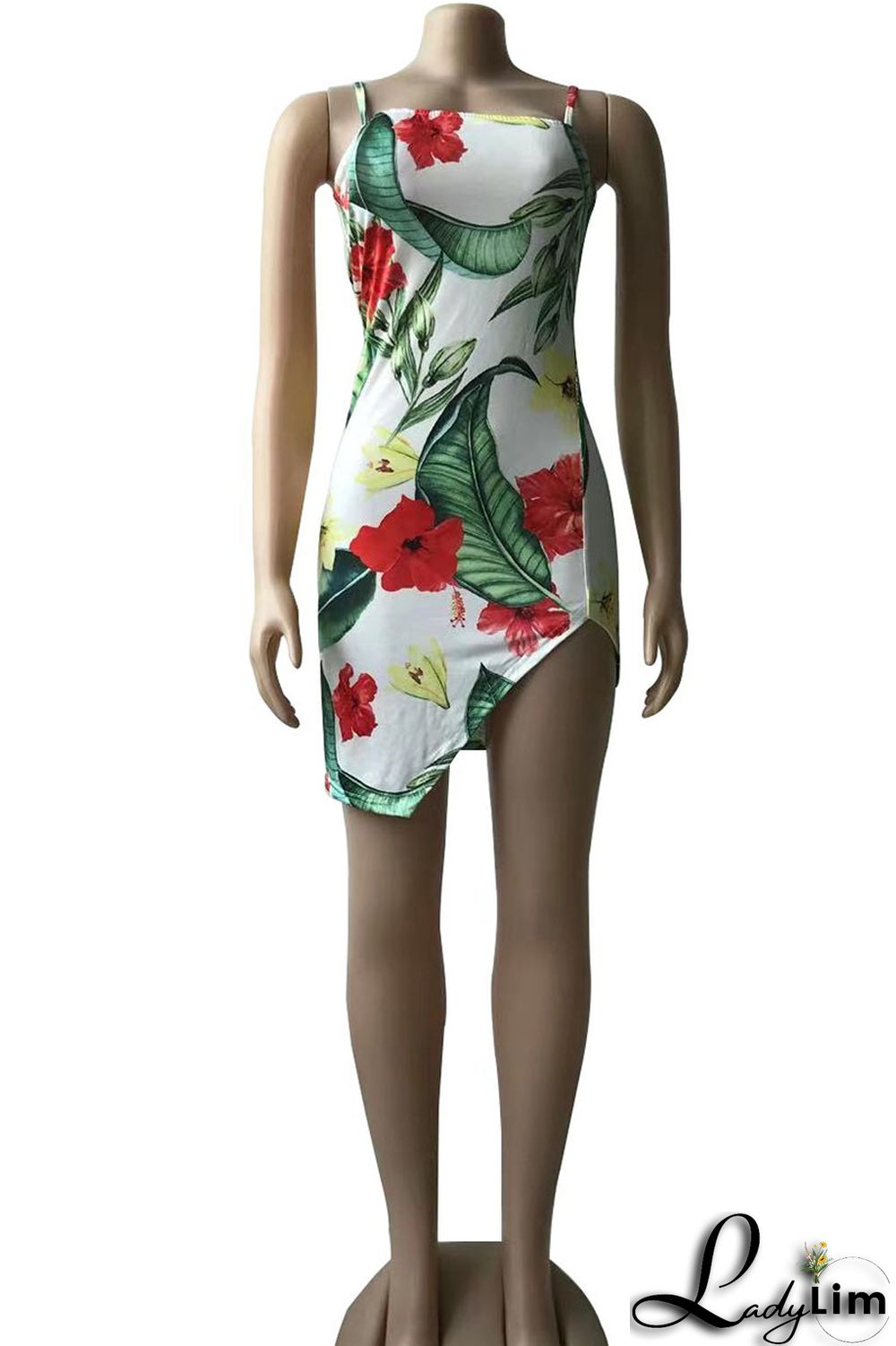 Multicolor Sexy Print Patchwork Slit Spaghetti Strap Sling Dress Dresses