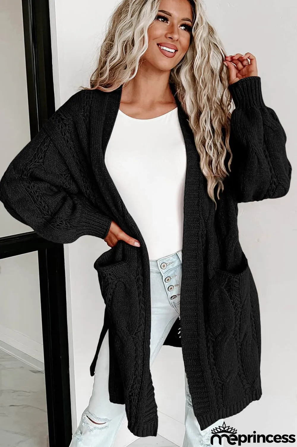Black Ribbed Trim Eyelet Cable Knit Cardigan