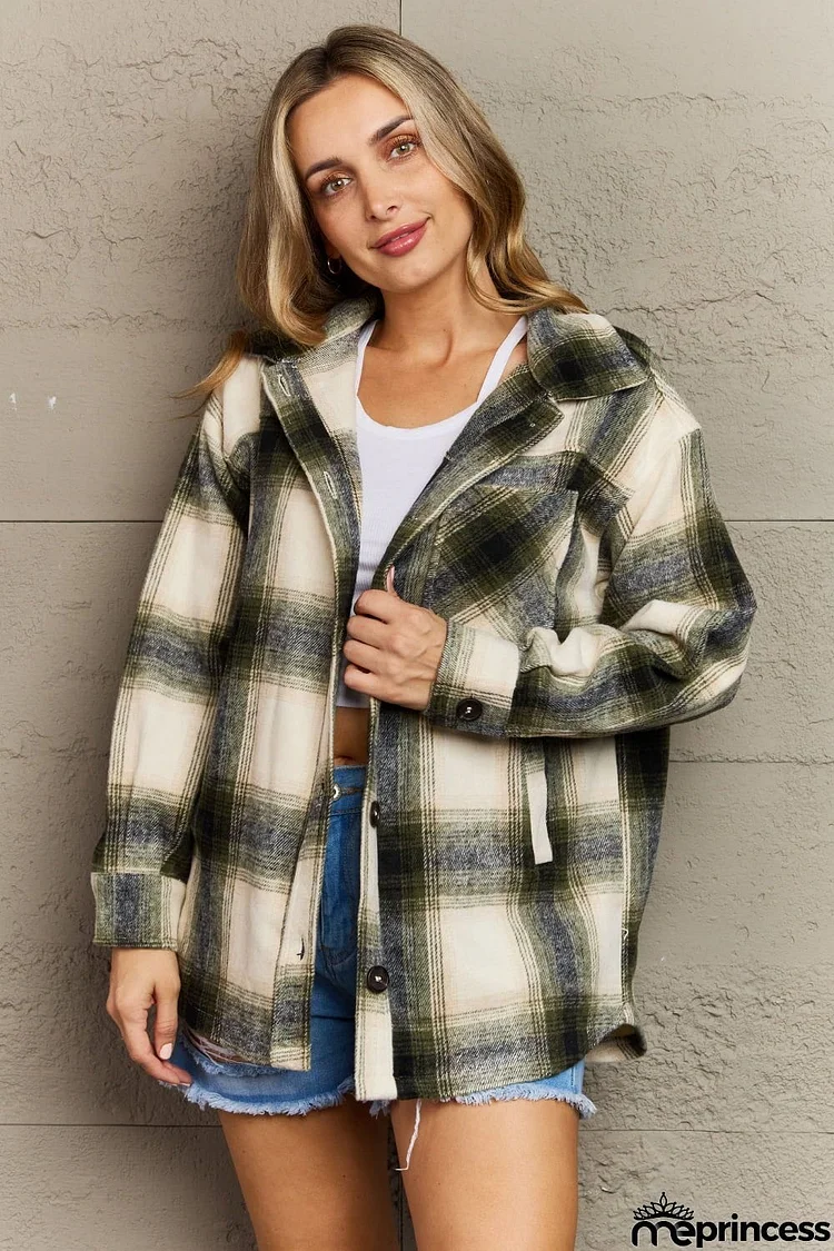 Zenana By The Fireplace Oversized Plaid Shacket in Olive