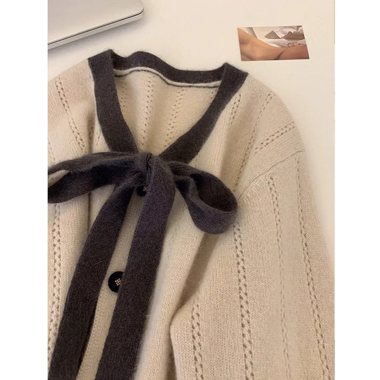 Athvotar Athvotar Goods Heavy Industry Korean Version Of Lazy Wind Apricots Bow Round Knitted Sweater Coat Women's Autumn And Winter 2025 New