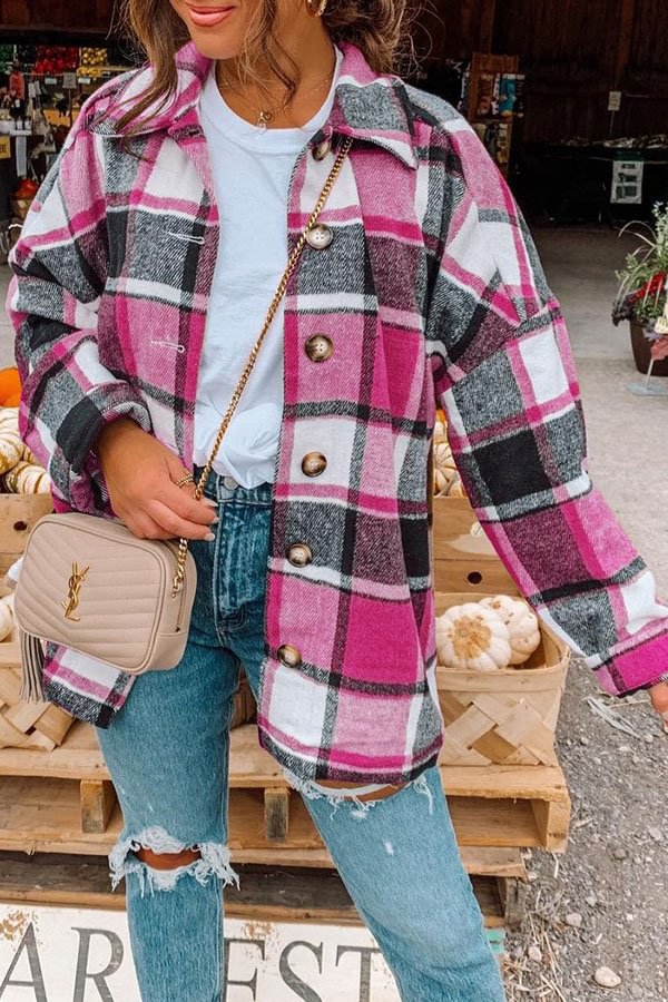 Fashion Plaid Button Down Long Sleeve Shacket