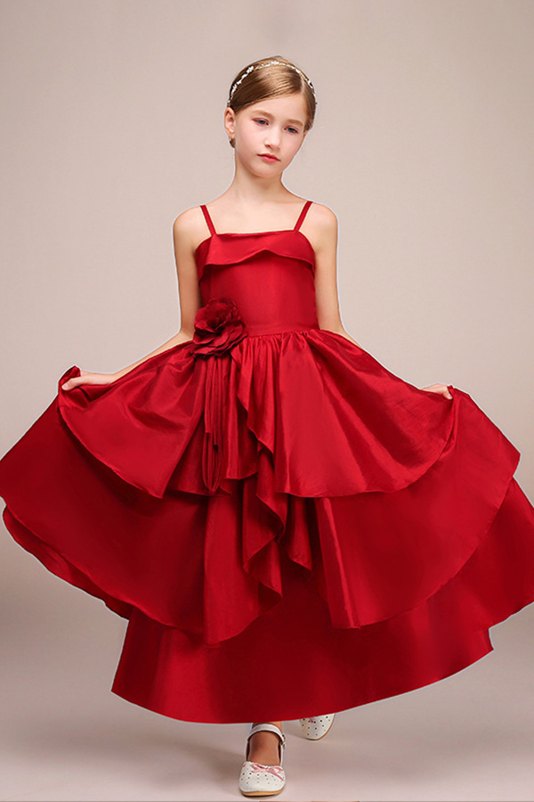 Bellasprom Spaghetti-Strap Sleeveless Ankle Length Flower Girl Dress Satin with handmade flower Bellasprom