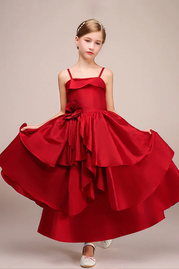 Hellodresses Spaghetti-Strap Sleeveless Ankle Length Flower Girl Dress Satin with handmade flower 