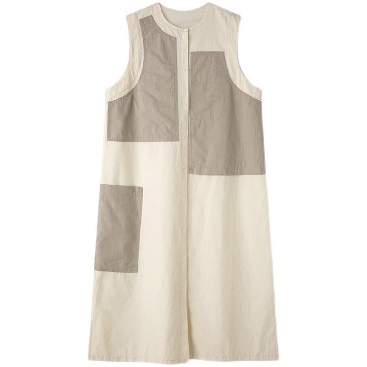 Casual Loose O-Neck Patchwork Single-breasted Sleeveless Dress      