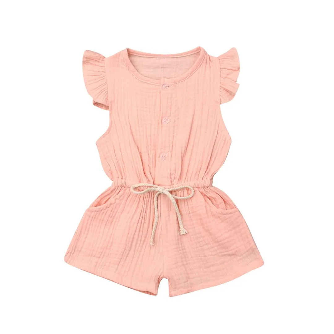 2019 Baby Summer Clothing Infant Kids Baby Girls Solid Romper Clothes Fly-Sleeve Playsuits Sash Jumpsuit Overall Outfits 6M-4Y