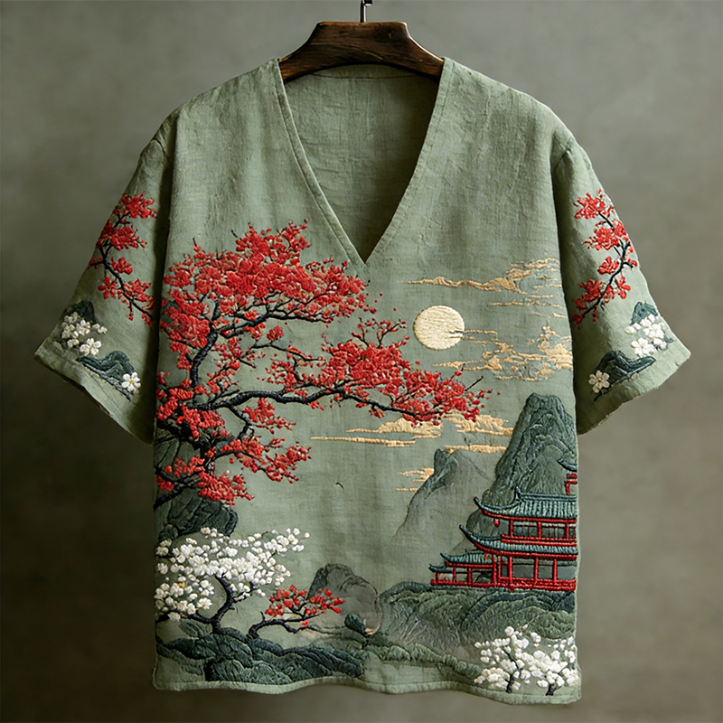 Men's Japanese-style Landscape Pattern Short-sleeved V-neck Shirt  artssus