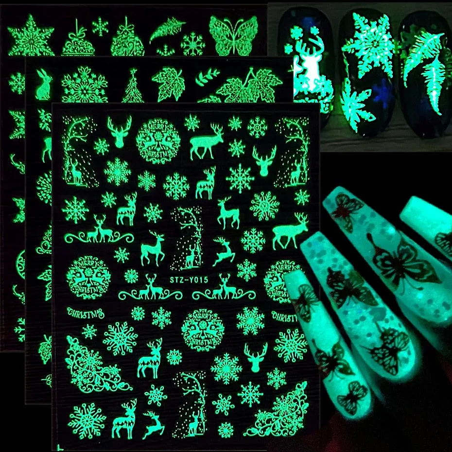 Nail Stickers Back Glue Fluorescent Light Christmas Snowflake Animal 3D Designs Nail Decal Decoration Tips For Beauty Salons-Nail Inspo