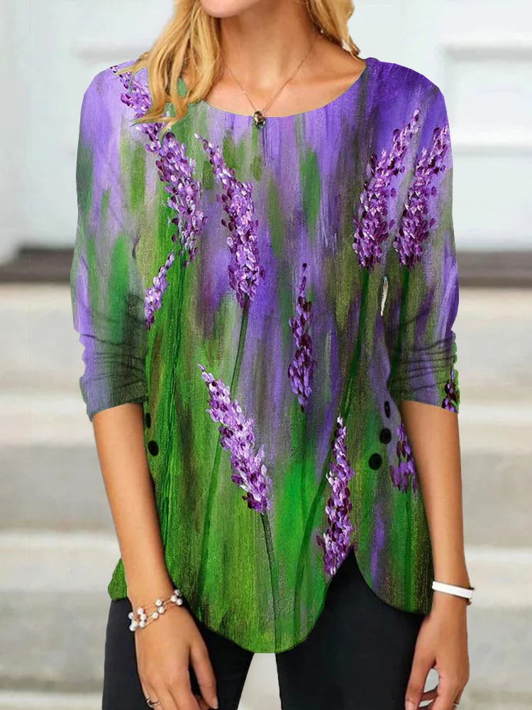 Lavender Painting Art Button Slit T Shirt