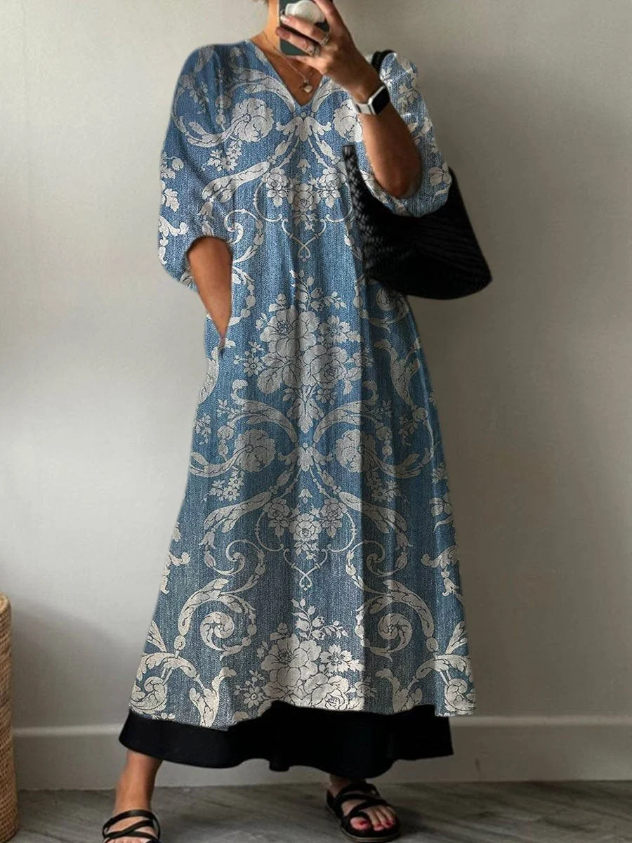 Women's Vintage Lovely Floral Art Print Pocket V-neck Cotton Dress