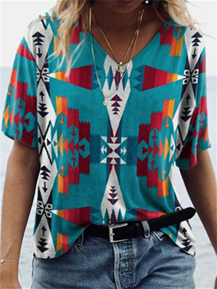 Retro Print Ethnic Wind Geometric Figure V-neck Short-sleeved T-shirt Top