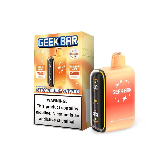Geek Bar PULSE 15K Strawberry Savers disposable vape, 15000 puffs, with digital display.