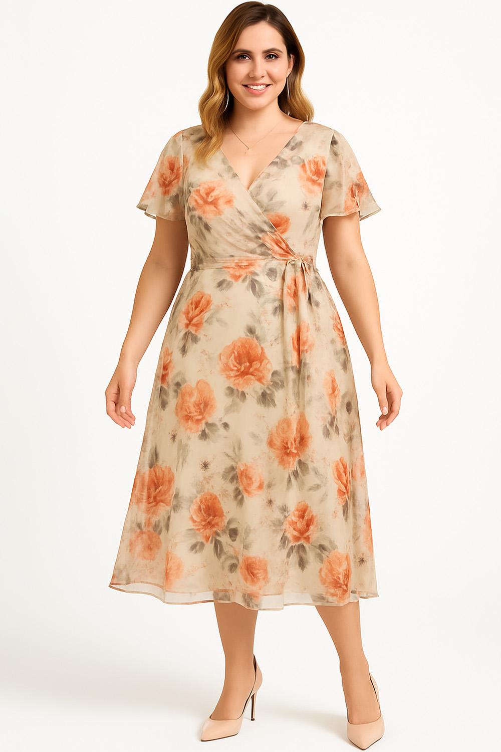 Flycurvy Plus Size Wedding Guest Orange Chiffon Floral Print Wrap Flutter Sleeve Midi Dress 2024 - Flycurvy 
