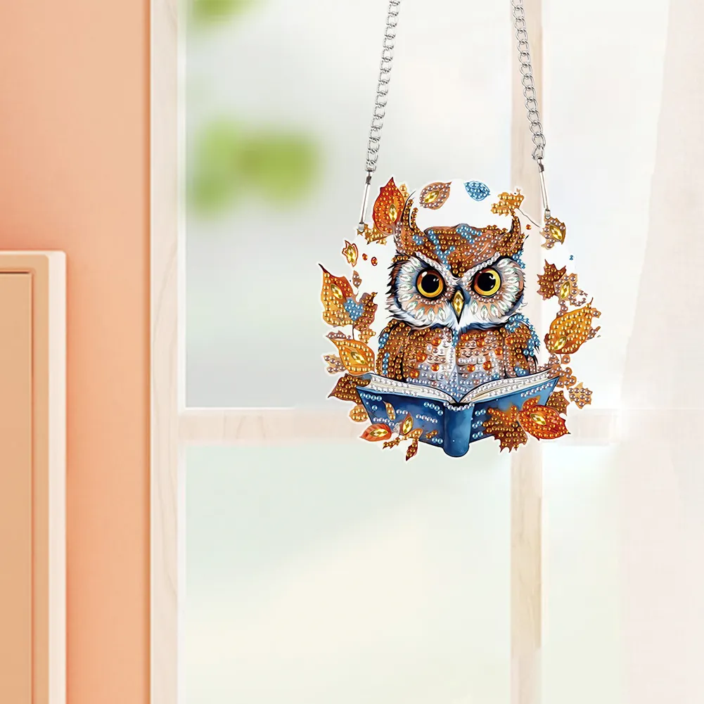 DIY Autumn Owl Special Shape Diamond Painting Hanging Pendant