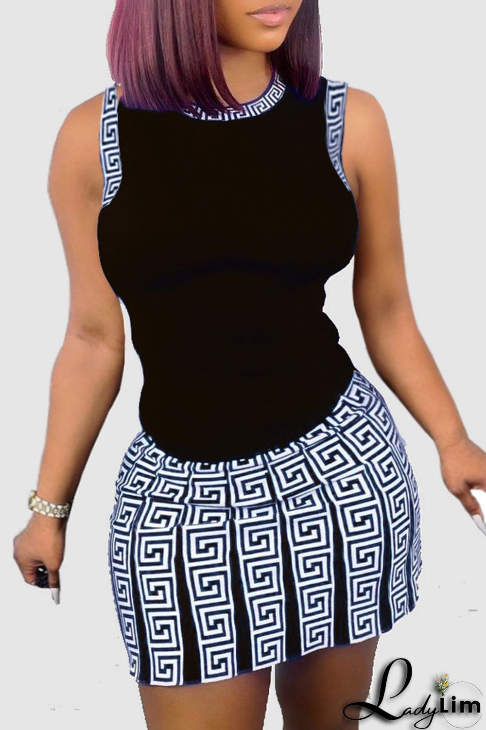 Brown Casual Print Patchwork O Neck Sleeveless Two Pieces