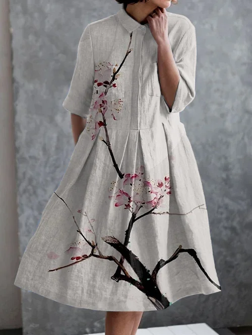 Vintage Art Print Casual Pocket Half Sleeve Dress