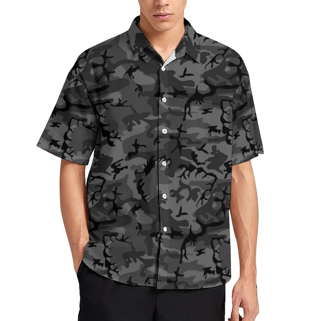 Black Camouflage Women and Men Hawaiian Shirt Unisex Button Down Matching Aloha Beach Blouse