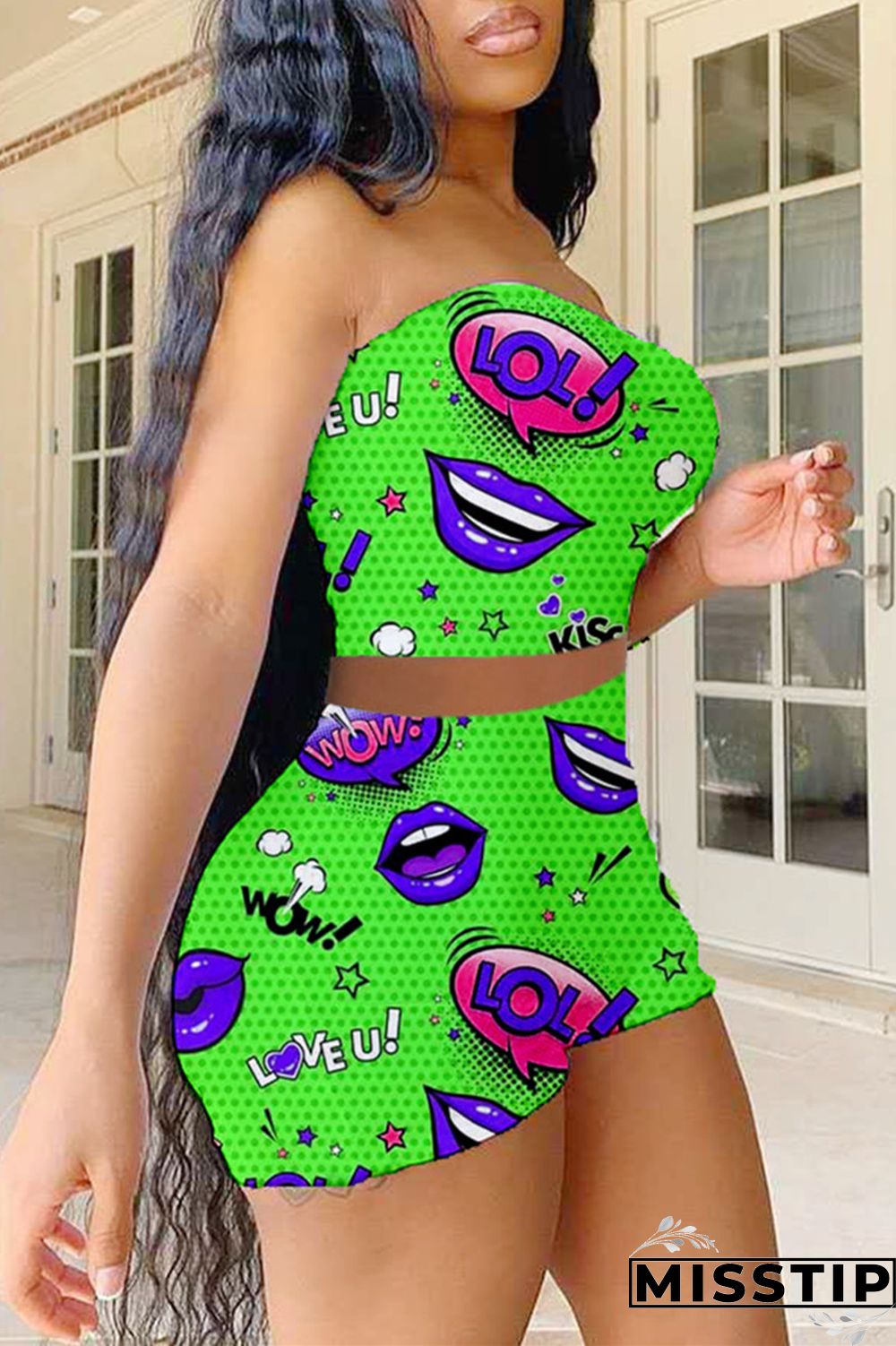 Green Sexy Casual Print Backless Strapless Sleeveless Two Pieces