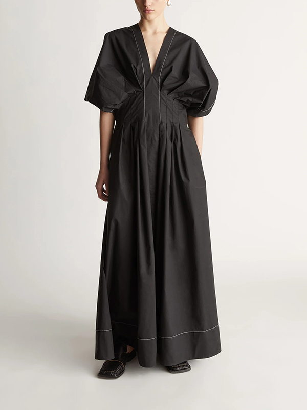Puff Sleeve V Neck Pleated Detail Back Herringbone Tie Maxi Dress