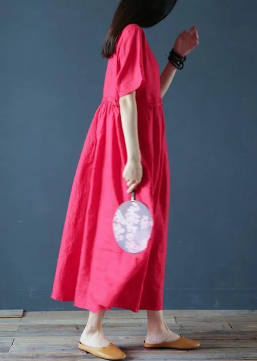 Beautiful o neck Cinched linen summer clothes Fabrics red Dresses