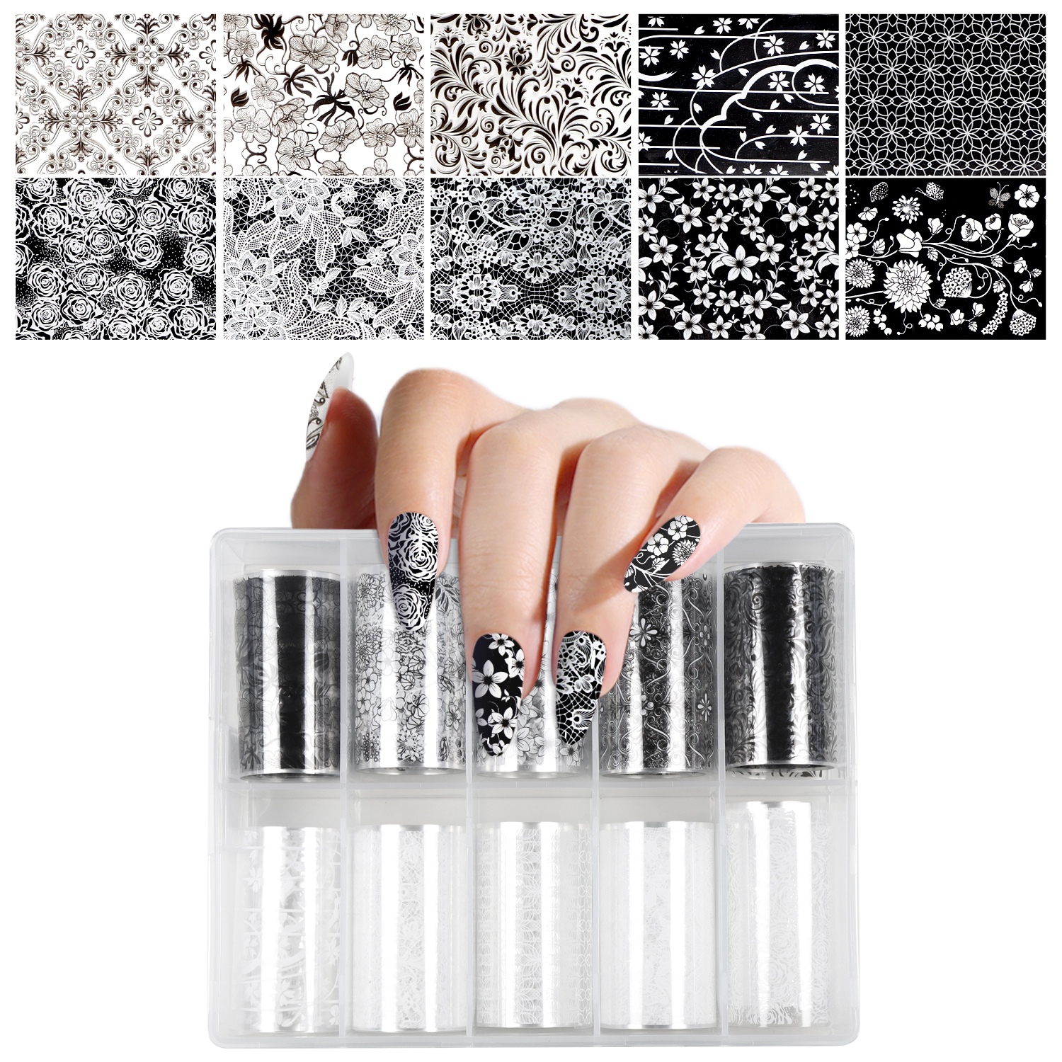 Black White Plants Nail Transfer Foil 12 styles