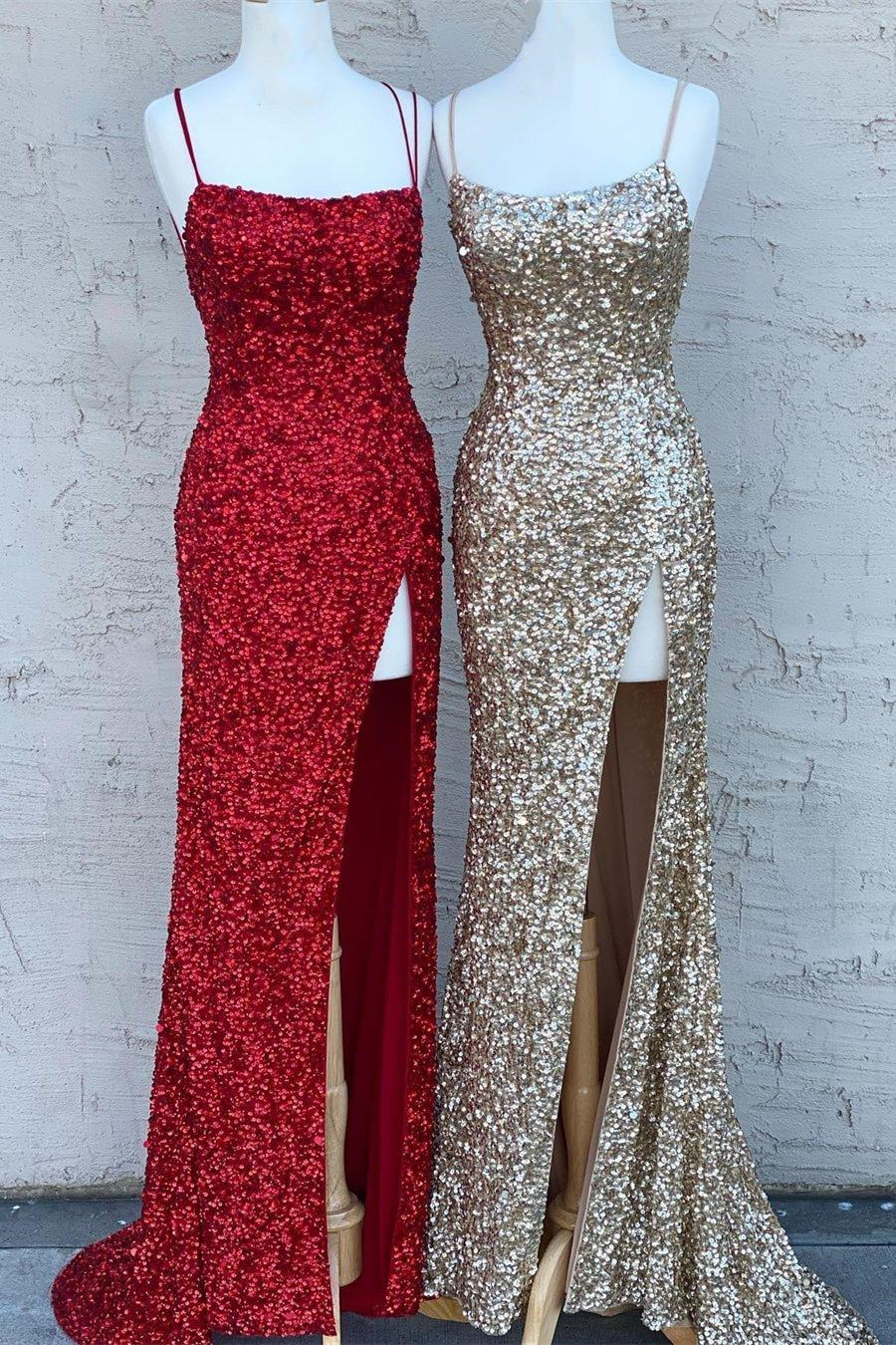 Oknass Sparkly Sequins Spaghetti-Straps Sleeveless Mermaid Split Long Prom Dress 