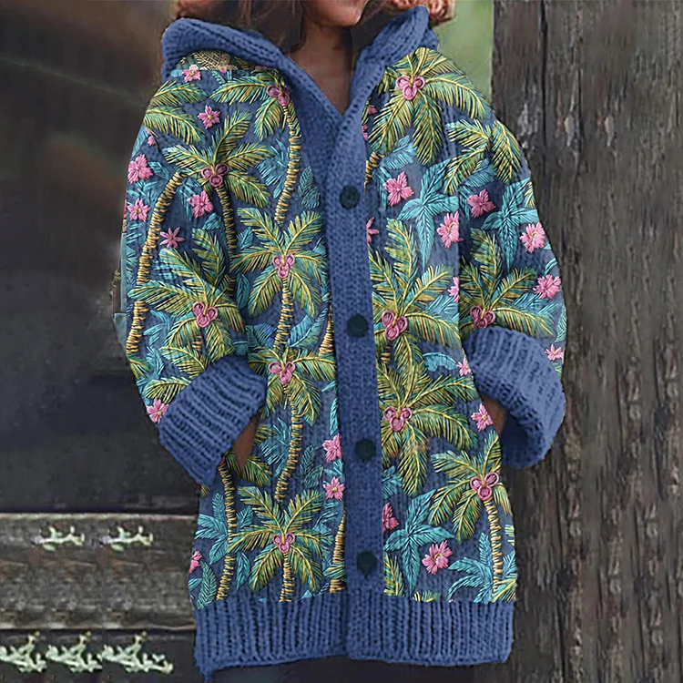 Coconut Tree Print Cozy Knit Hooded Cardigan
