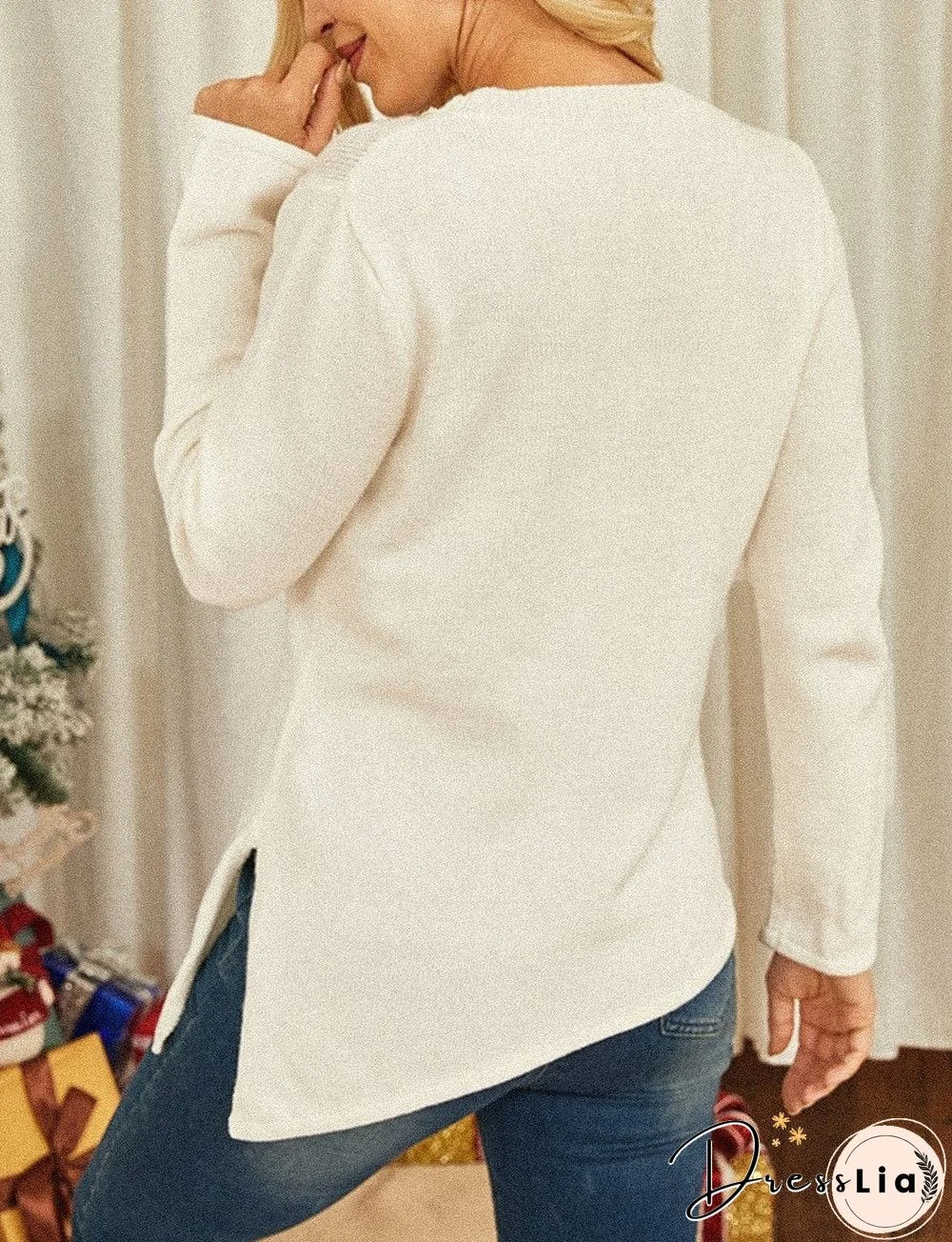 Solid Color Asymmetrical Hem Long Sleeve Crew Neck Pullover