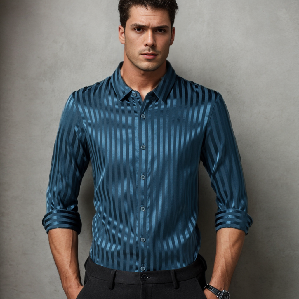 No-Iron Wrinkle-Free Men's Long Sleeves Silk Shirts Stripe REAL SILK LIFE