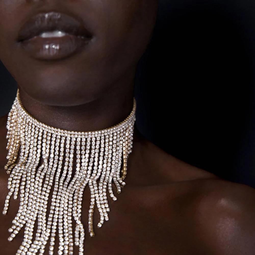 Rhinestone Long Chain Tassel Choker Necklaces Wedding Crystal Jewelry