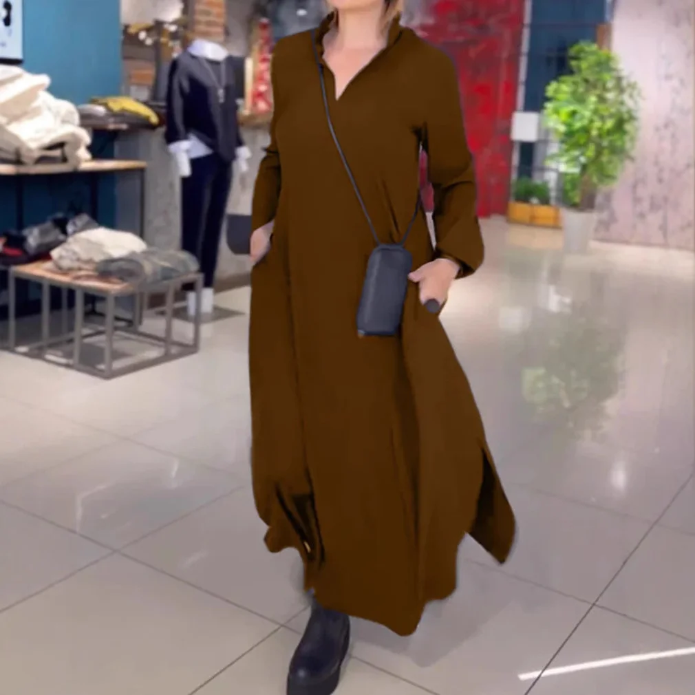 Uveng Uveng Autumn And Winter New Leisure Loose Solid Color V Collar Long-Sleeved Dress Women