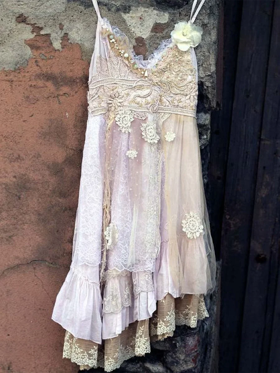Womens Lace Surface Floral Decoration Linen Slip Mini Dress