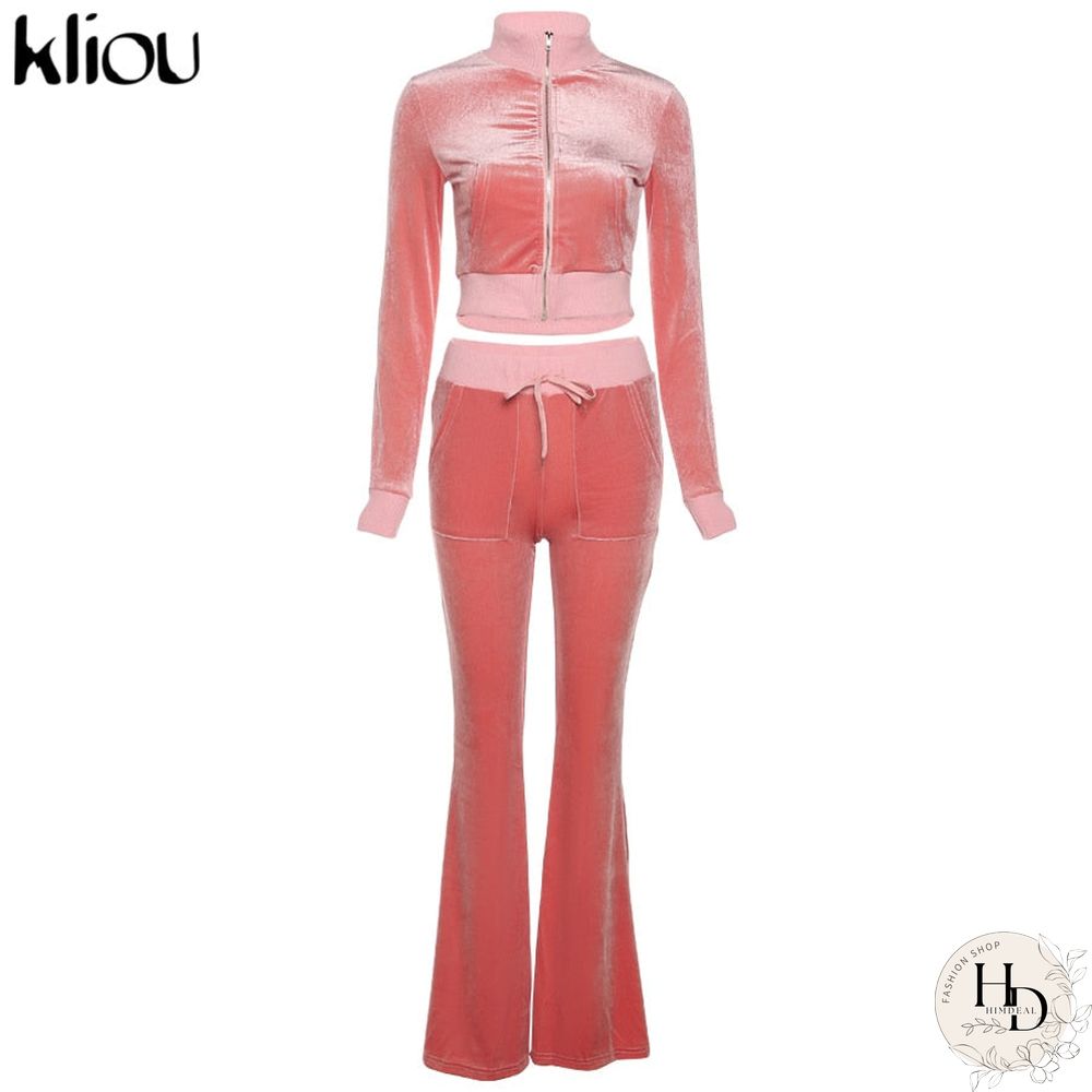 Kliou Solid Velour Two Piece Set Women Simple Casual Zipper Long Sleeve Turtleneck