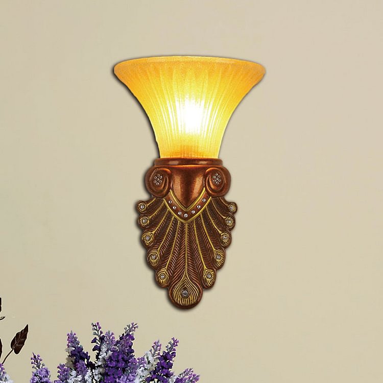 Flared Shade Bedside Wall Sconce Modern Amber Glass 16"/20.5" W 1 Bulb Bronze Finish Wall Light with Peacock Tail Design