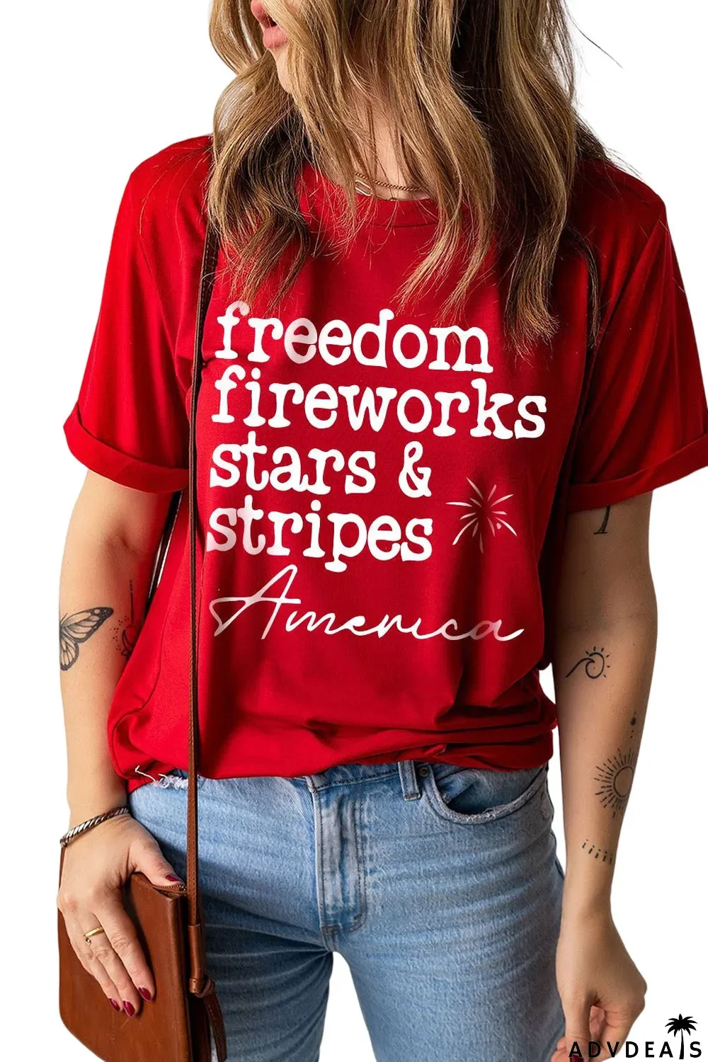 Red American Freedom Day Slogan Print T Shirt