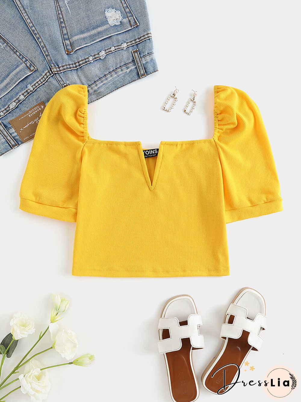 Solid Puff Short Sleeve Slit Square Collar Crop Top