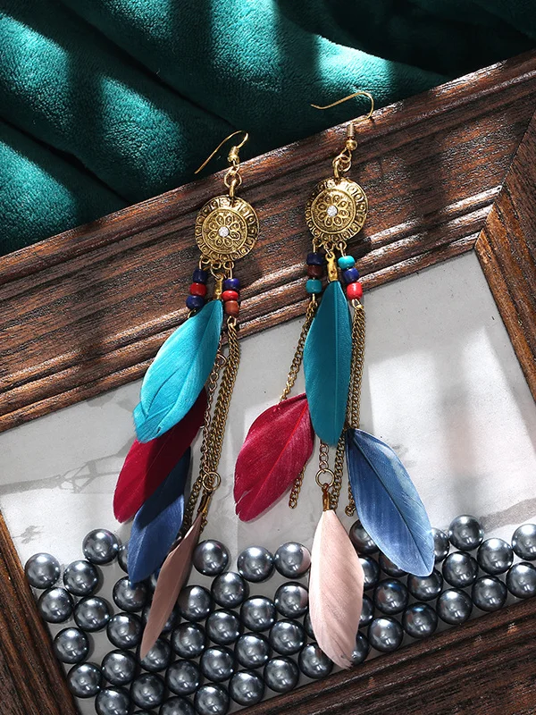 Vintage Colorful Feather Tassel Earrings