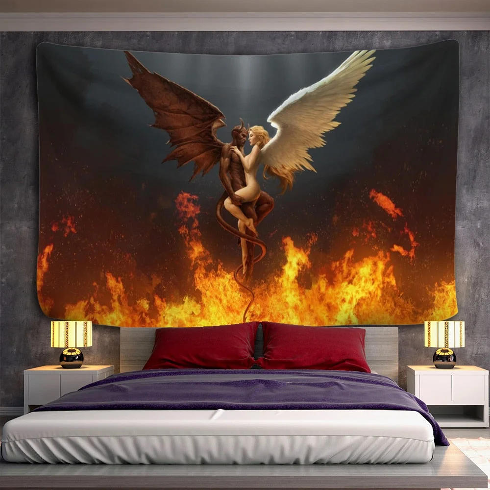 Angel Devil Tapestry Hell Wall Hanging Witchcraft Wall Tapestry Hippie Wall Carpets Dorm Decor Psychedelic Halloween Tapestry